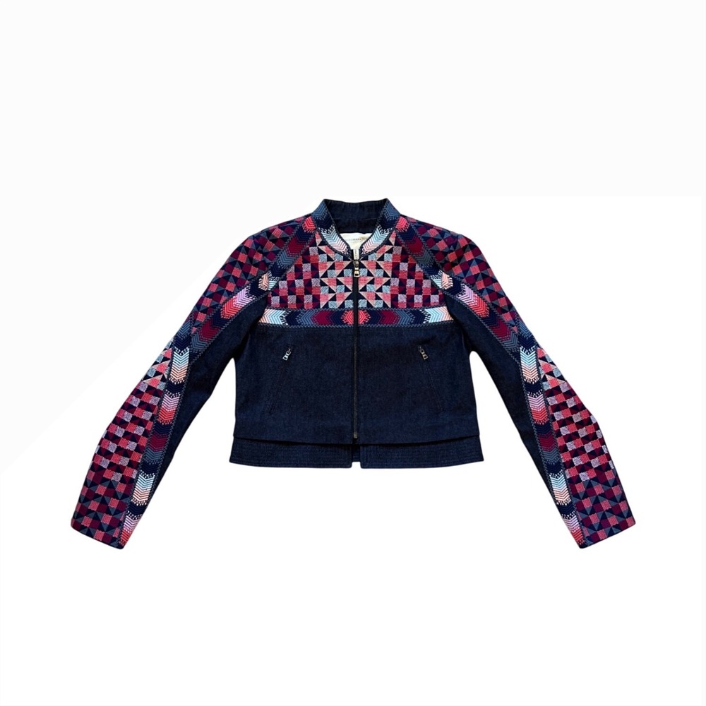 BCBGMaxazria Runway Denim Embroidered boho multicolor Zip up jacket M‎